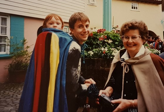 All caped up with Stephen and Tim for a Prisoner Convention re-enactment at Portmeirion (1993 / 4?)