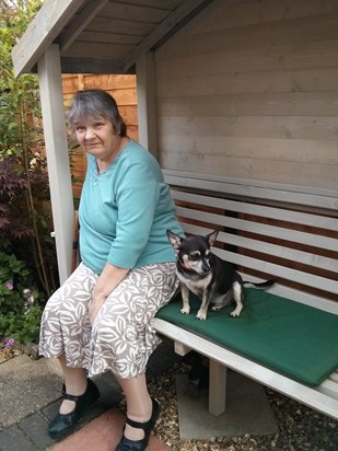Mum on bench with Bubbles