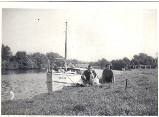 John's parents and dog with John's dad's  boat ROCINANTE, a Dunkirk boat,  at COOKHAM. 