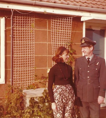 Eleanor at Basil outside their new home at RAF Alconbury May 1977