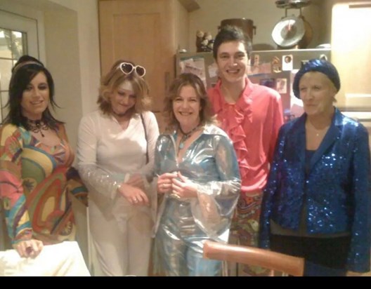 Birgitta with friends in fancy dress (Abba night!)