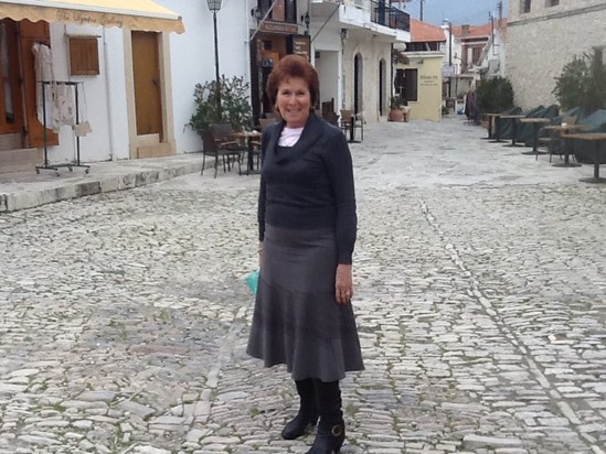 Joan walking the cobbles at Omodos - had to leave the stillettos at home!