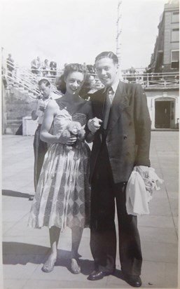 Engaged! Dad (24) and Mum (21) on Brighton promenade August 20th 1951