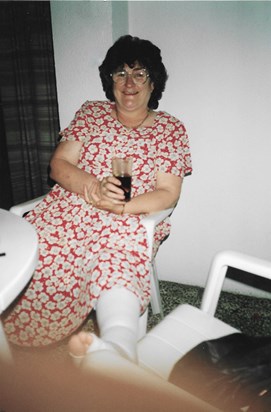 ON HOLIDAY IN TENERIFE - LEG UP IN PLASTER AND BANDAGES AS THIS WAS WHEN SHE WAS OFF AFTER TEH ACCIDENT AT WORK.. RUm & COKE ON TAP IN THE HOTEL