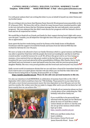 Mummy Susie sad news letter to friends Page 1