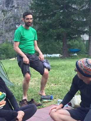 Paul showing off knees after same epic multi-pitch climb 