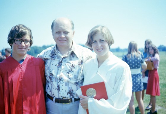 Dad with his graduating twins, Jim & Jane, 1976