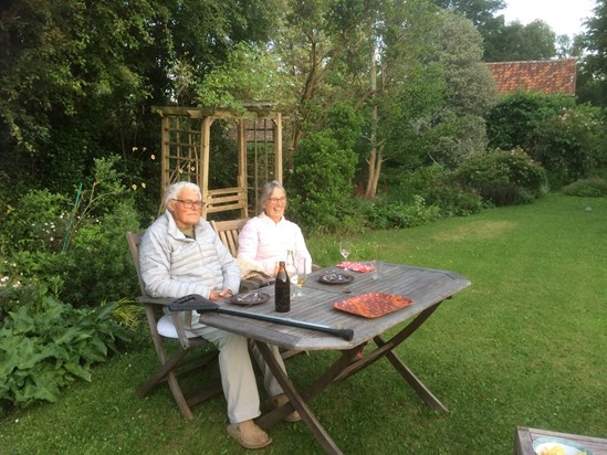 A lovely evening with Dilys and David in their garden , sitting amongst the trees and plants David loved so much .