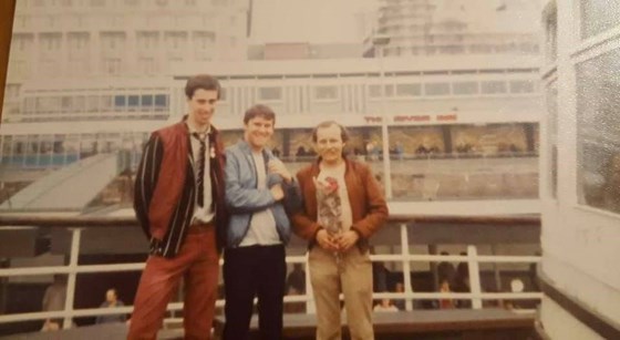 Big Neil, Little Neil (Harvey) and Bob Curtis, having a lark as we ferry across the Mersey, May 1982