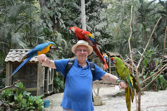Stewart with parrots  taken in Columbia (I think!)