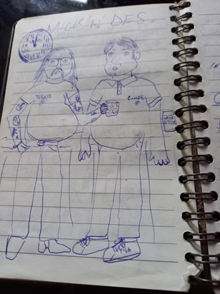 Illustration of Mick and drinking buddy Des in the Milestone by Sal. Circa 2000