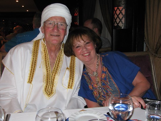 Cruise with Michael in Egypt – the English-speaking table decided to dress up one evening. We assume Peter still has the costume somewhere
