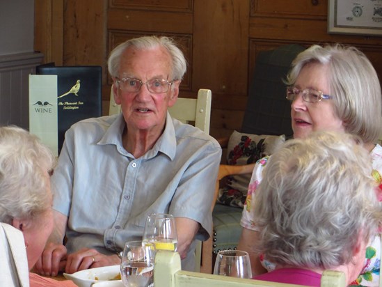 Michael’s 90th birthday gathering – Cream tea on Gloucestershire and Warwickshire Railway – Peter next to Stephen