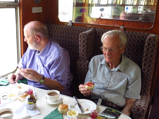 Michael’s 90th birthday gathering – Cream tea on Gloucestershire and Warwickshire Railway – Peter next to Stephen