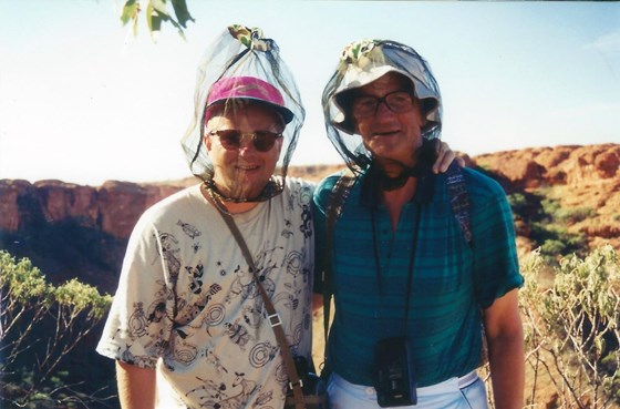 Peter & Howard at Kings Canyon, Northern Territory, Australia -The flies were horrendous so we bought some fly screen head covers.