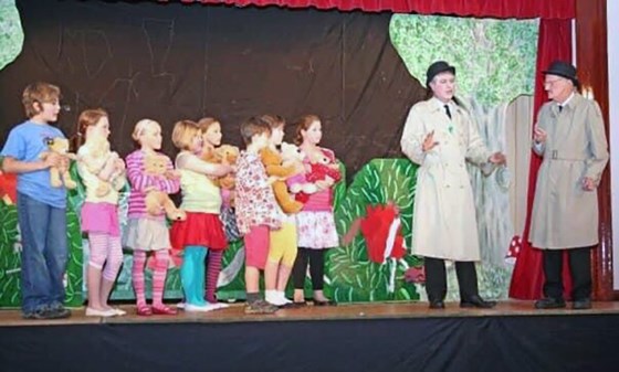THIS ONE HAS PETER AND CHRISTOPHER AS THE DETECTIVES THOMSON AND THOMPSON (WITH A ‘P’), AND THE CHILDREN FROM THE TEDDY BEARS PICNIC. (PETER FAR RIGHT WEARING BOWLER HAT AND MOUSTACHE)