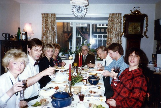 Xmas Lunch at Warnham 1987  Cathy, Keith, Kay, Hazel, Samuel Clouston, Peter, Anthony & Jude