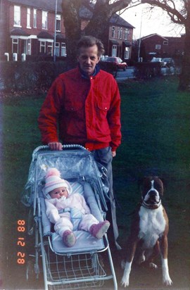 Peter, Lauren and Buster the Boxer dog Xmas 1988
