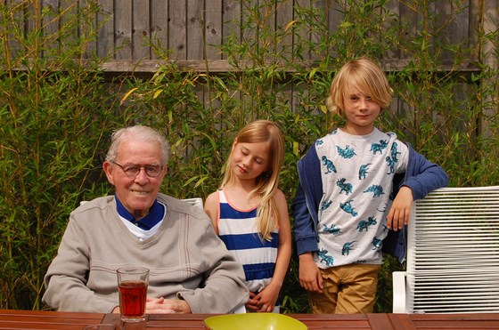 Grandad Jim enjoying a beer in the garden, with his Great Children, on his 87th Birthday x