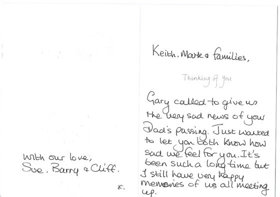Sympathy card from Sue, Barry and Cliff