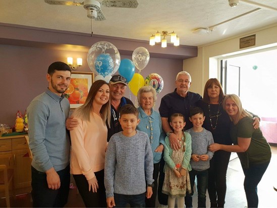Nan with to of of her children a few of her Grandchildren and some of her great Grandchildren on her 90th
