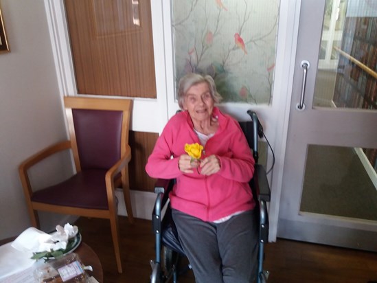 Lovely cheeky mum after she done a bit of flower arranging with 1 rose and a chocolate éclair,  we did laugh. 