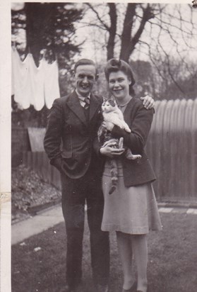 Pauline and Kenneth in the garden of No 10, Hazeleigh Avenue