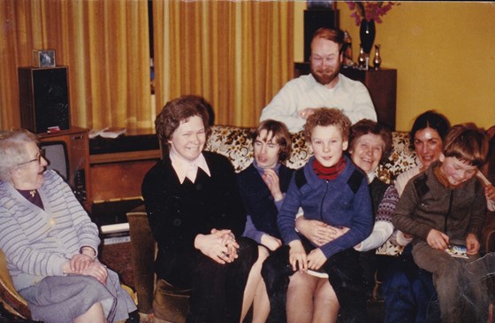 Pauline, partly hidden by Gary,her mother far left, Janet, Trina, Graham, Jenny and Jake. Circa 1977