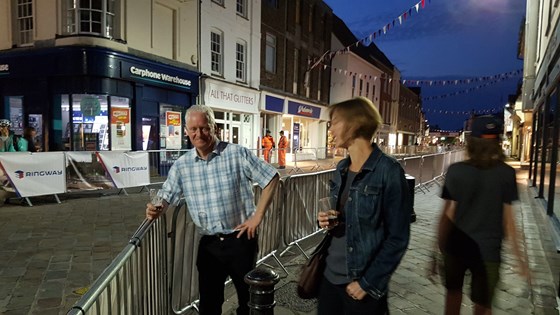 Mike with Elizabeth Robinson in central Chichester, pint in hand (of course) August 2017