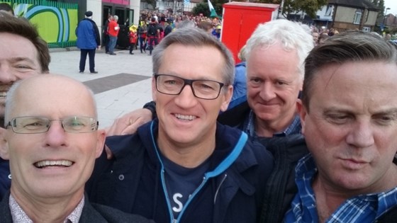Mike looking a bit suspicious at RWC 2015 - With Chris R, Jerry S, Adam M, David R (schoolfriends)