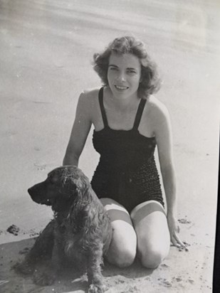 1938 on beach with dog