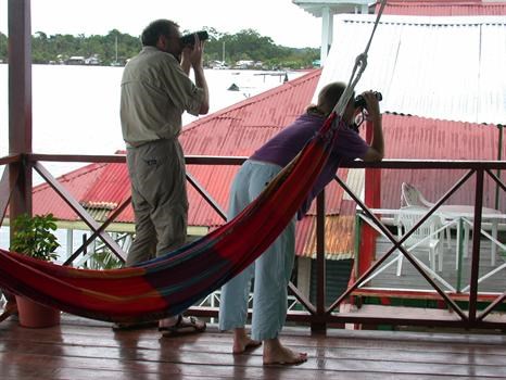 Dick birding off the balcony in Bocas del Toro, Panama. May 2004