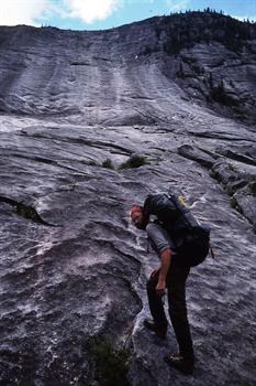 Ascending the slabs. Tahumming range, BC Coast, 1989.