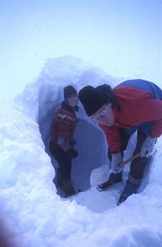 Digging a snow cave with Alice. Mt. Frosty, BC, 1990.
