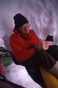Snug in the snow cave. Outside? -17C. Mt. Frosy, BC. 1990.