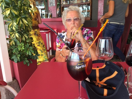 Mum enjoying a sangria at our favourite bar in Playa Blanca, Lanzarote.