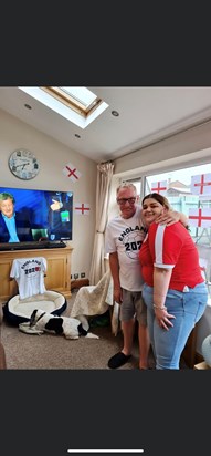 Steve and Myself (his partners daughter) watching the Euros at home with Nutter the dog!