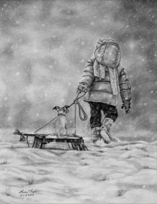 Child pulling dog on sleigh 2