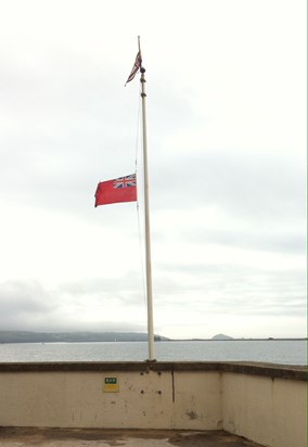 The flag flying at half mast at Fort Picklecombe. The Cornish flag was flown at half mast at Michael Helga Rayden's house in Holstein, Germany: Terri was their sister-in-law.