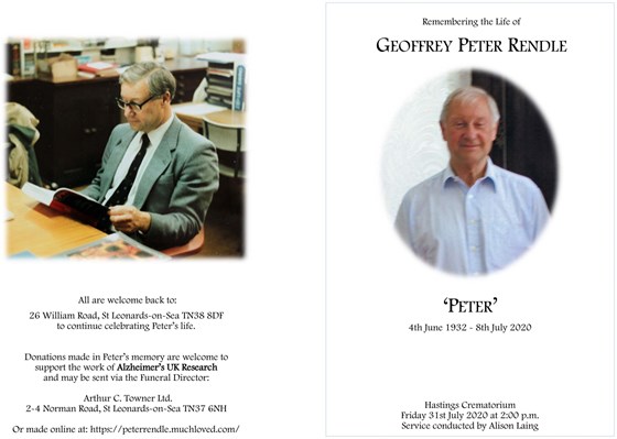 Funeral Service Sheet for Peter Rendle  Fri 31st July 2020 1