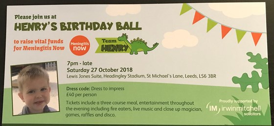 Ticket for Henry’s Birthday Ball on 27th October 2018 to remember Henry and raise funds for Men Now