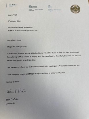 Dad GAA Ban Lifted Letter.