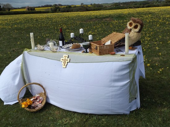  scallop shells for caminos, wine, salt and bitter herbs, , bread for the journey and candles - reminding both to nurture the light of faith in each other's lives. 2017 Raptor Centre Aylesbury 