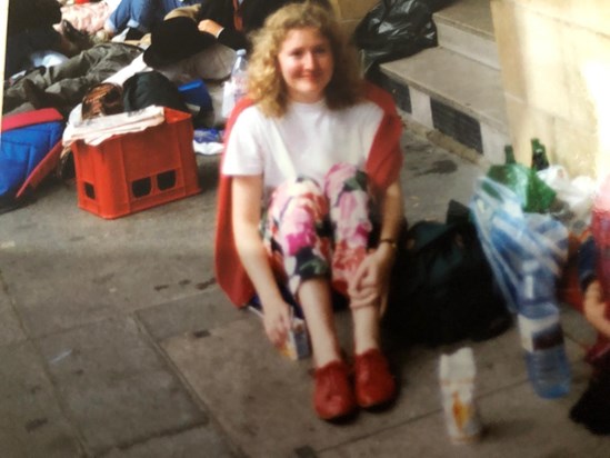 Sarah in the queue for the last night of the Proms 1989, taken by Almut