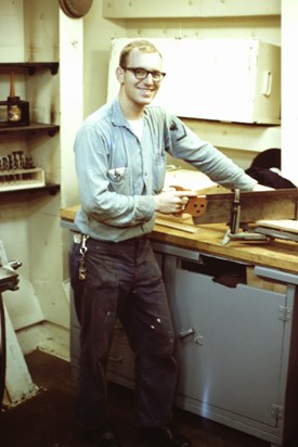 Glen Riddle in ship's carpentry shop on U.S.S. Independence (CV-62)