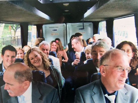 On the bus to Mickey & Jeannie's wedding with friends from the pub