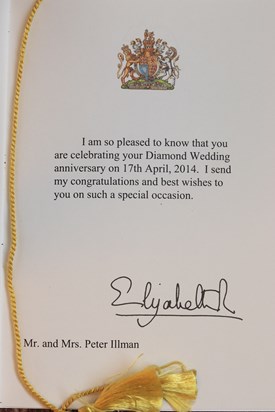 Message from HM the Queen on the occasion ot Mum and Dad's diamond anniversary.