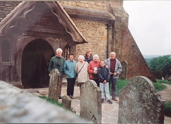 Dad, Mum, Rene, Bert, Margaret, Helena, Bill.  Unknown church in Sussex or Surrey