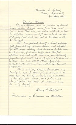 Reference letter of leaving Baldhu 3rd August 1942 