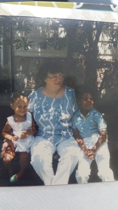 Gran'ma Christian and Tanya at 4 Roger Drive under the bottle brush tree.